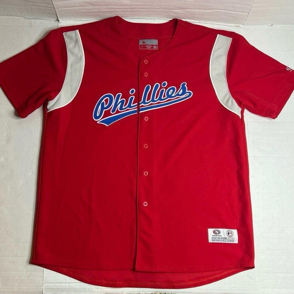 True Fan Philadelphia Phillies MLB Baseball Jersey Red‎ Men's Large Button Up